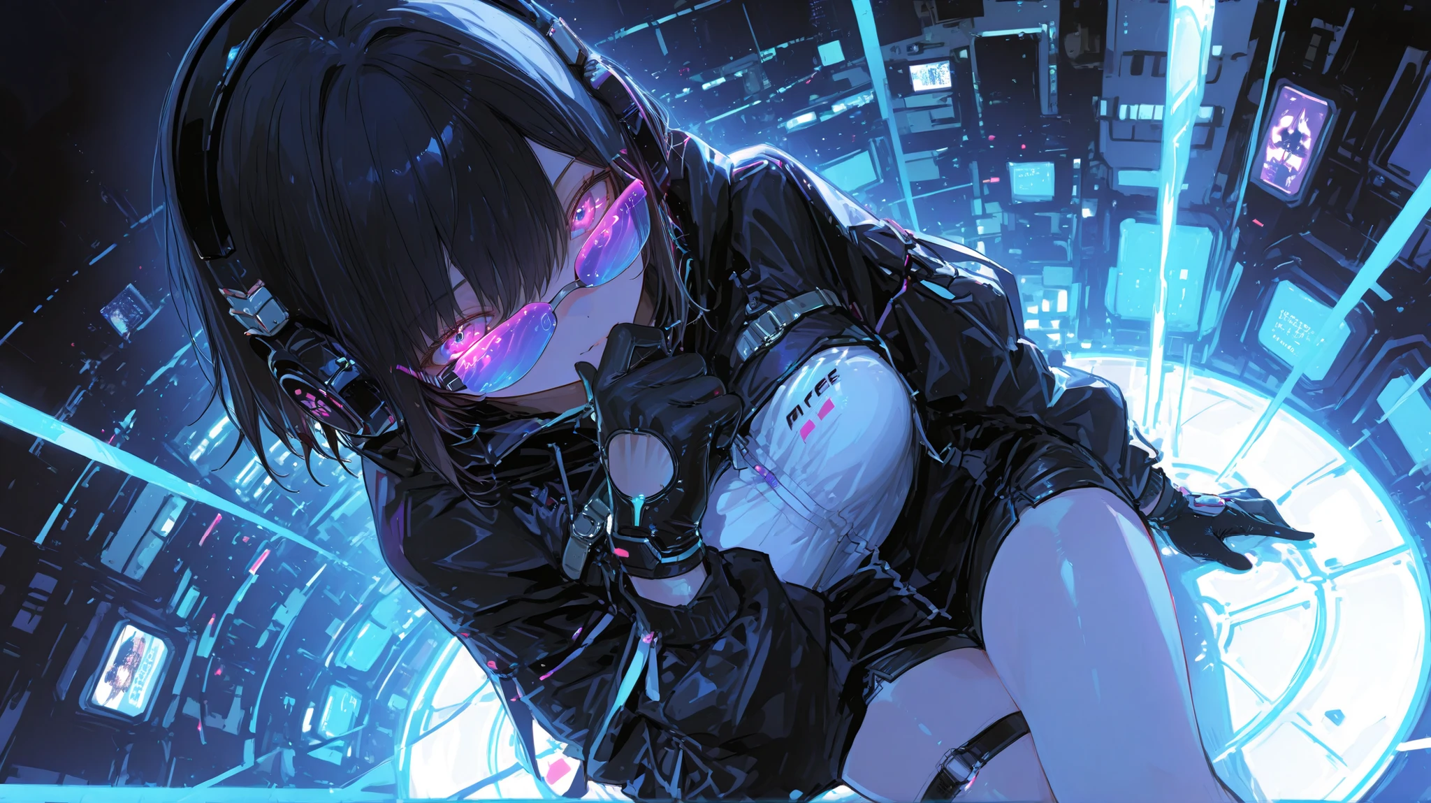 Highest quality、Highest quality、Masterpiece、girl((half、18-year-old、as soon as、Highest Bust、Medium Bust、Wide open chest、Red glowing eyes、Black Ear、Red Mesh、Disheveled Hair、Loincloth、thin、The best valley、Open chest、hair ornaments、Full body view、pants、Sports Bra、Random Pause、smile、headphone))、high quality、Beautiful Art、background((Collapsing Ground、no gravity、Floating Object、City of night))、flight、Flying Debris、Depth of text、movie、Visual Arts、Perfect Art、8K、Genuine、Special Angles