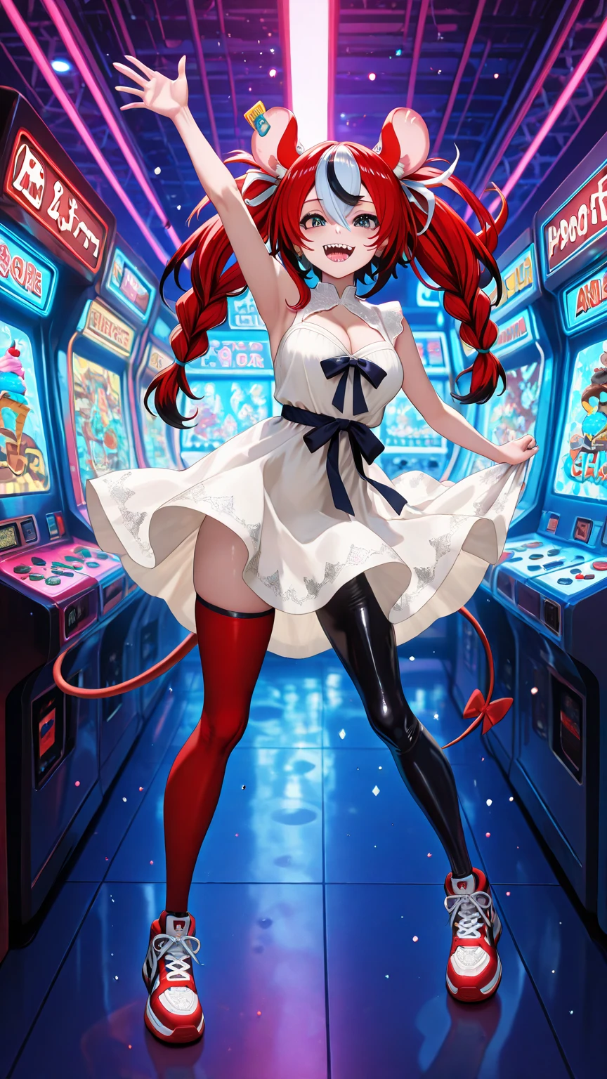 ​masterpiece, top-quality, hight resolution, 1girl, split-colored hair, Hair above one eye, red hairs, O cabelo multicolorido, length hair, a purple eye, hair rings, robe blanche, headphones, White hair, a black ribbon, bangss, sleeveless, medium chest, feet pose, a smile, tusk, stage、
