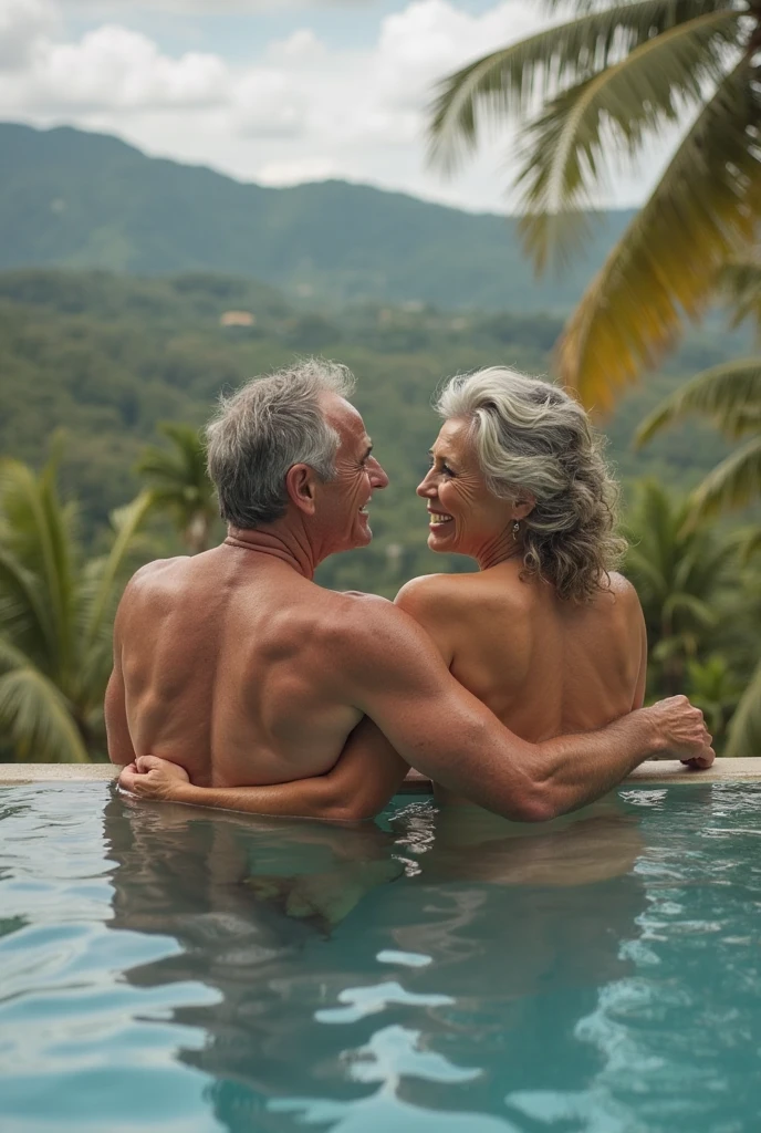 Horny couple, 70 years old big butt huge breast women kissing 30 years young handsome shirtless man, Full body, bright photo