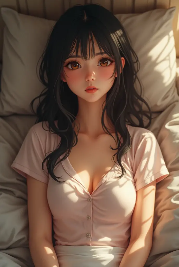 Sexy woman, eyes closed, mouth open, very deep blush, tip of the nose is red, long neck, off shoulder pink sweater, medium chest, visible cleavage, bedroom, warm lighting , lying on bed, head on pillow, facing up 