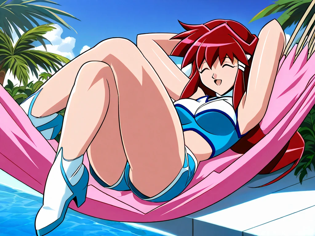 rating_explicit, beautyful mature woman, red bikini, redhair, red hair, long hair, blue eyes, red lipstick, encorped body, , lying on side of a pool