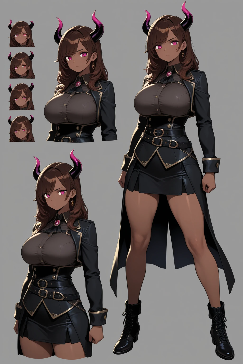 concept art, video game concept art, hentai game, anime, full body, best quality, masterpiece, maximum detail, high resolution, (((anime))), (((waifu))), (((hentai))), perfect anatomy, from the front, detailed background, High quality, incredible details, absurd res, full shot, ambient lighting, illuminated, female, (CharacterSheet:1), (multiple views, full body, upper body, reference sheet:1)
Character with the following traits:
Species(Succubus)
Age(300 years)
Gender(Female)
Occupation(Succubus executioner)
Height(176cm tall)
Hair(Short, straight, white)
Skin(Smooth, pale)
Face(Small nose, grim expression, red eyes)
Physical features(Black demonic wings, Black demonic tail, Black horns, Thick thighs, Big tits)
Outfit(Short leather skirt, Leather bra, Leather boots, Leather)
Personality(Cold, Sadistic, Violent, Evil, Perverted, Grim)