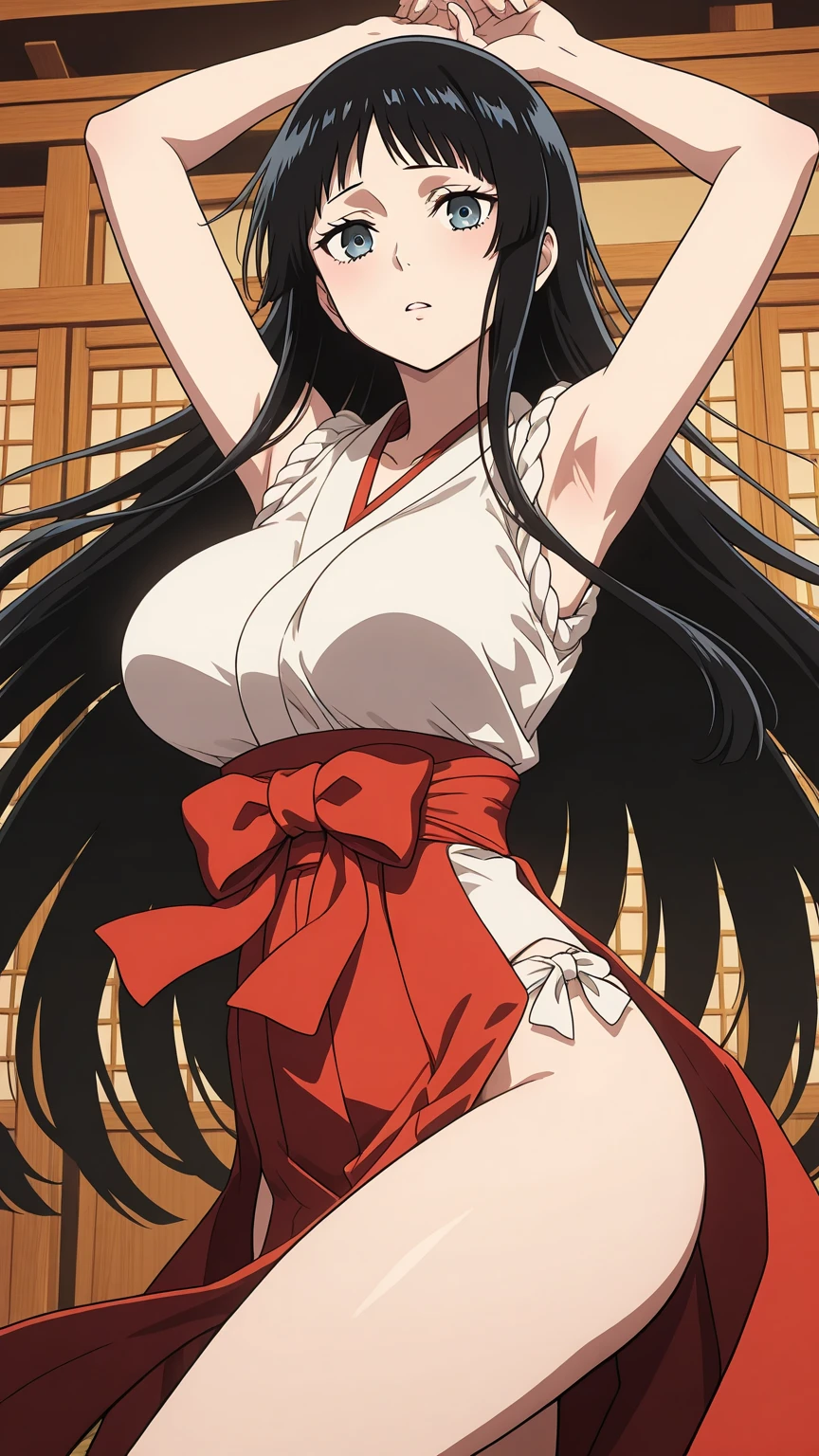 score_9,1girl,solo,blush,from below,nervous,black hair,very long hair,half-closed eyes,grey eyes,serious,pointy ears,large breasts,white halo,nipple slip,looking at viewer,kimono,undressing,black panties,hands on hip,kneeling,necklace,white kneehighs,dojo,feet,sandals,<lora:DisgaeaXL:0.8>,