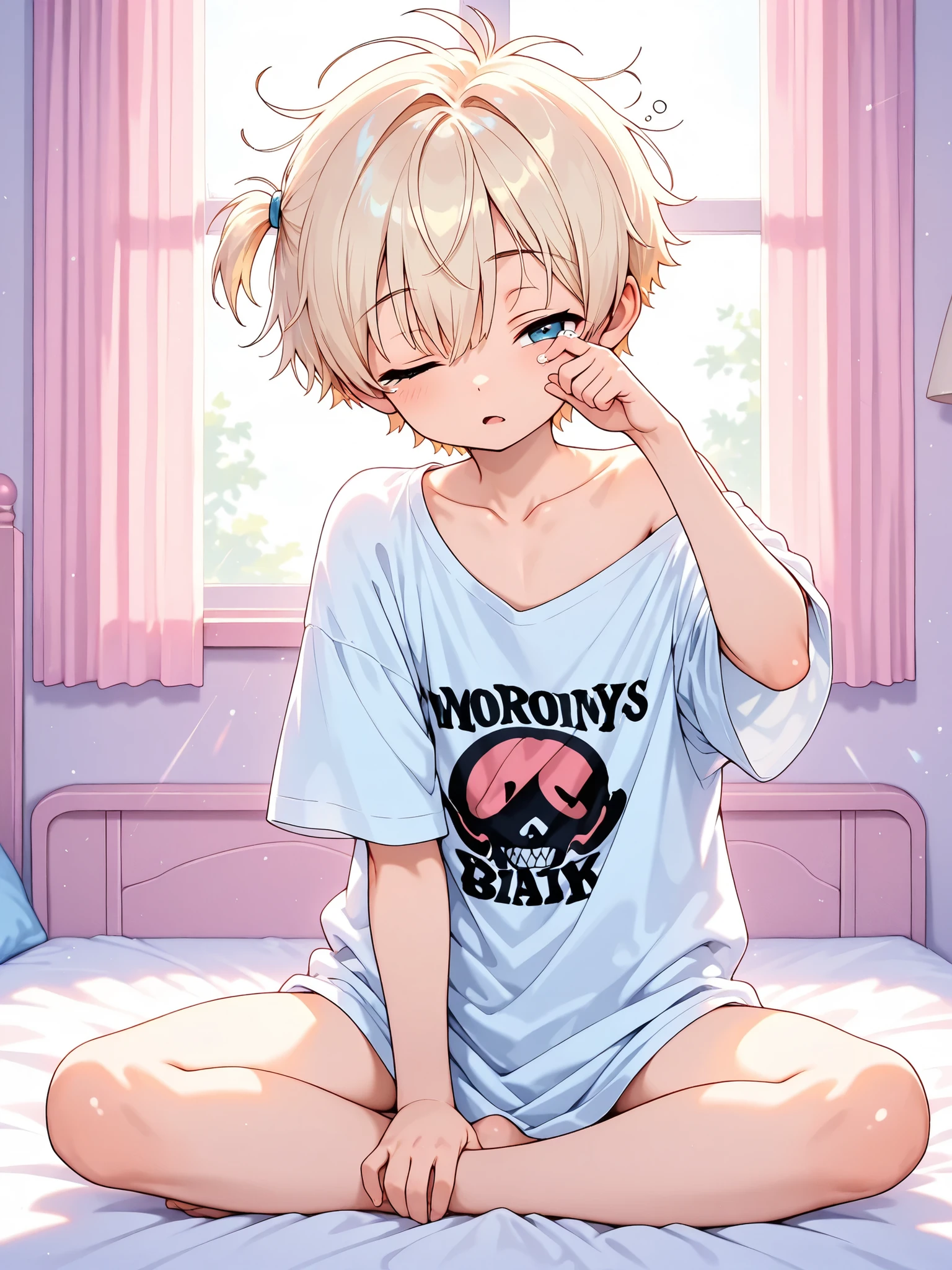 (Masterpiece), Top quality, High quality, High detail, High resolution, (Pastel colors), Sharp and thin outlines, (Baggy clothes, Very large t-shirt, One shoulder exposed, Collarbone), (No pants), (One boy, Young boy), Solo, Shiny short white blonde hair, Flat chested, ((Sleepy face, One side closed and half open eye, Rubbing eye with one hand)), Sitting, On bed, Bed, Room, Large window, Curtains, (Morning sunlight), (Highly detailed), Looking at viewer, Full body shot, Detailed background and shading