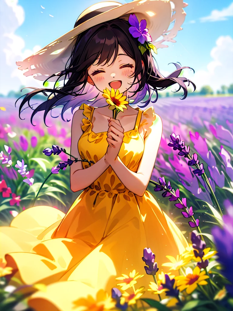 <lora:nakajima-20:1>closed eyes, happy, :D, sundress, flower field, sunhat, lavender, masterpiece, best quality,