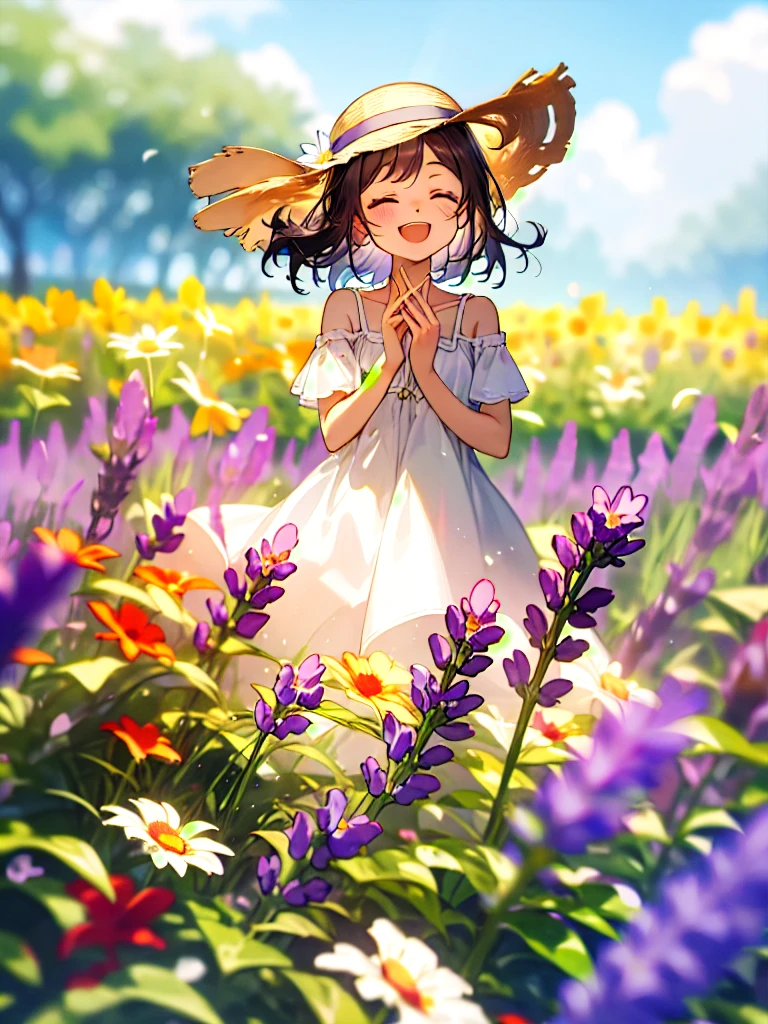 <lora:nakajima-20:1>closed eyes, happy, :D, sundress, flower field, sunhat, lavender, masterpiece, best quality,