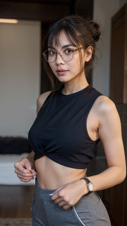 layla (masterpiece), (best quality), (ultra detailed),(disheveled hair),(illustration), (1girl), beautifuldetailedeyes,delicate beautiful face,(high saturation),(colorful splashes), in her bedroom with only led lights on, it is late night outside, white tank tops with blue sport shorts, on gaming chair, wearing glasses