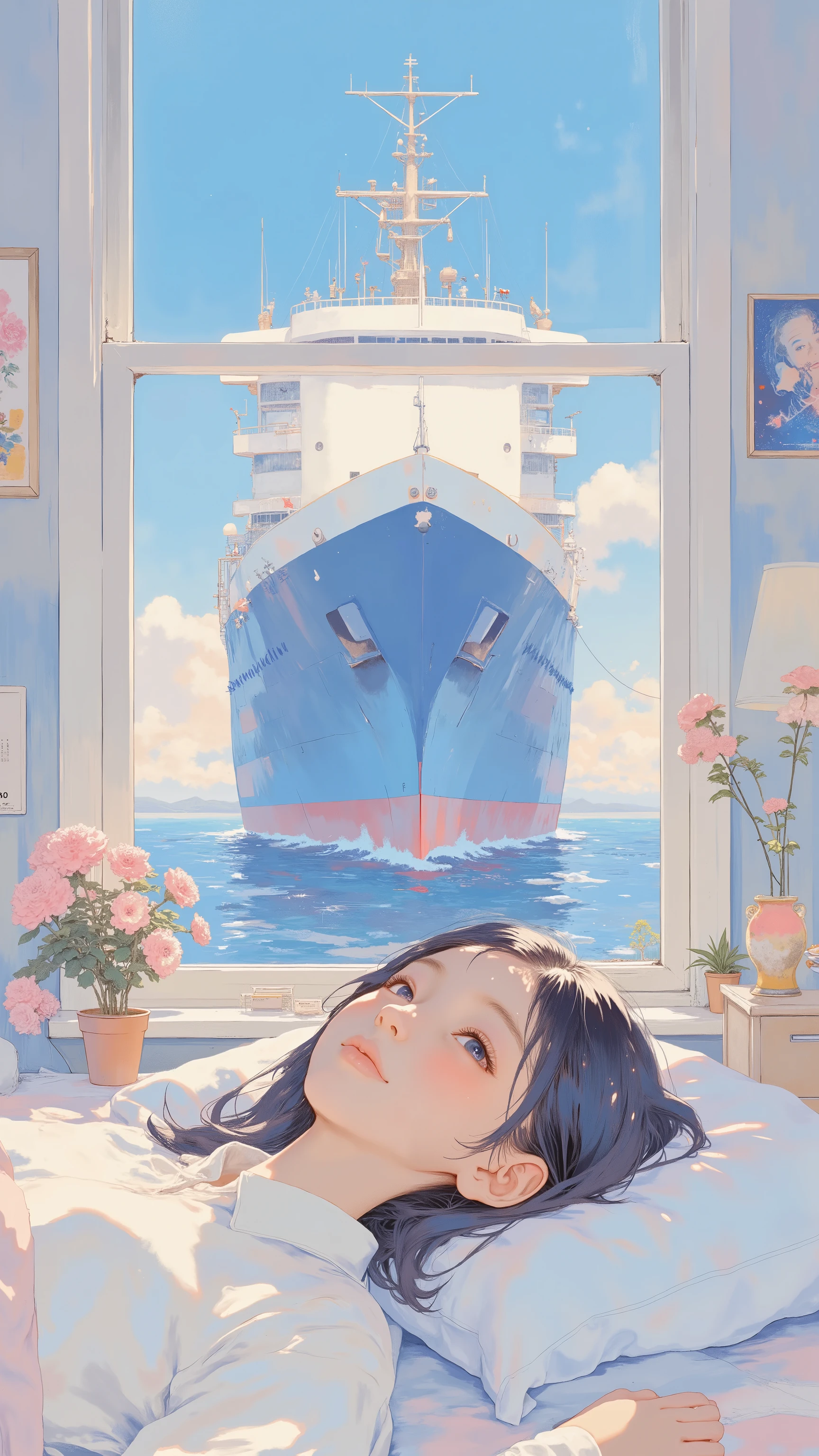 ベッドに横たわるanimeキャラクタ、In the background is a large ship, ❤🔥🍄🌪, 🪔 🎨;🌞🌄, , by Kentaro Miura, big!!!!!!!!!!!!, slice of life anime, happy!!!, anime style”, official art, an retro anime image, by Hiroshi Arakawa, anime!!!!, FLCL