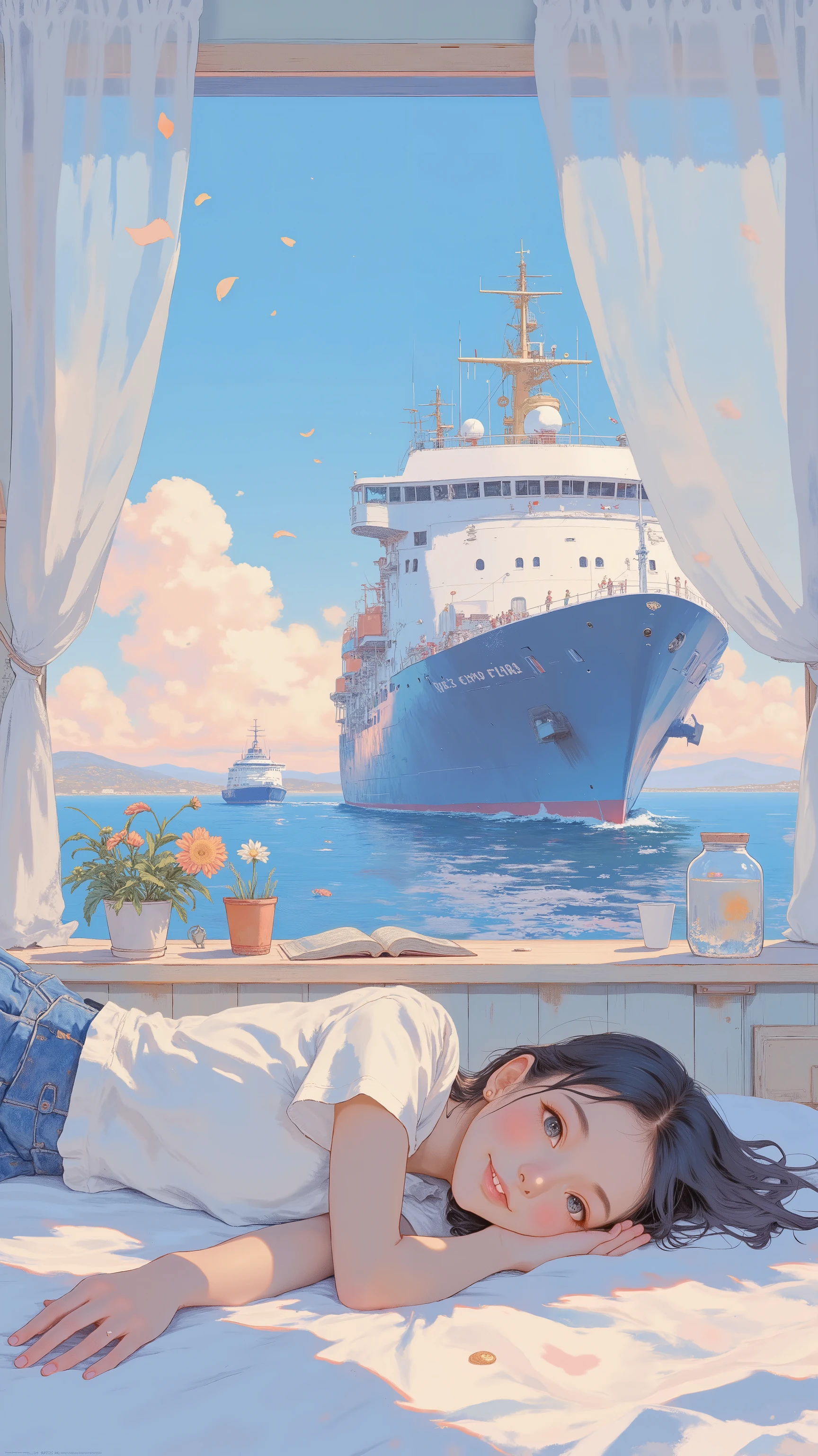 ベッドに横たわるanimeキャラクタ、In the background is a large ship, ❤🔥🍄🌪, 🪔 🎨;🌞🌄, , by Kentaro Miura, big!!!!!!!!!!!!, slice of life anime, happy!!!, anime style”, official art, an retro anime image, by Hiroshi Arakawa, anime!!!!, FLCL