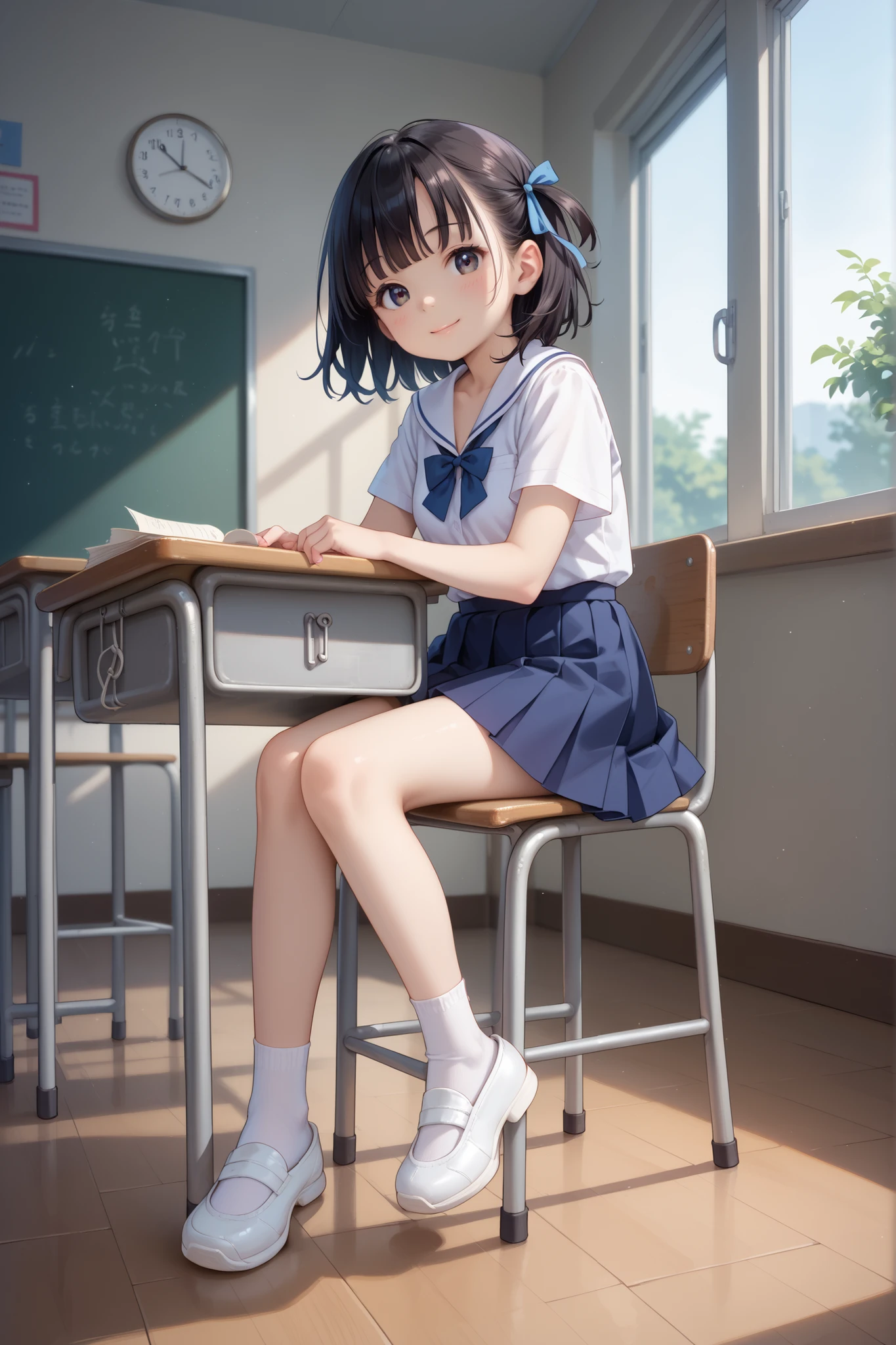 score_9, score_8_up, score_7_up, source_anime, masterpiece, highest quality, young girl, black eye, black hair, short sleeve, cleavage, school ribbon, middle-sized breasts, white socks, white shoes, in classroom, wind blows, smile, sitting on chair, full body