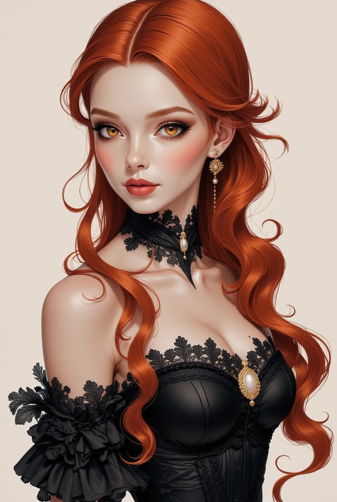 Long red hair girl logo, very dark brown eyes, brown skin, small breasts, lunar entre la nariz y el ojo cerca del lagrimal PEChOS PEQUEÑOS nO LOS hAgAS gRAnDES nO QUIERO PARECER OPERADA rostro redondo, Red cheeks, animal prince strappy blouse, Crossed arms, abajo que diga h.n.g.h.
