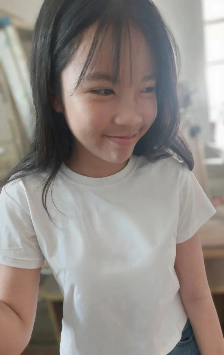 11 years old、、smile、Black Hair、cute、Small breasts、ultra Wide open T-shirt,Simple patterned T-shirt