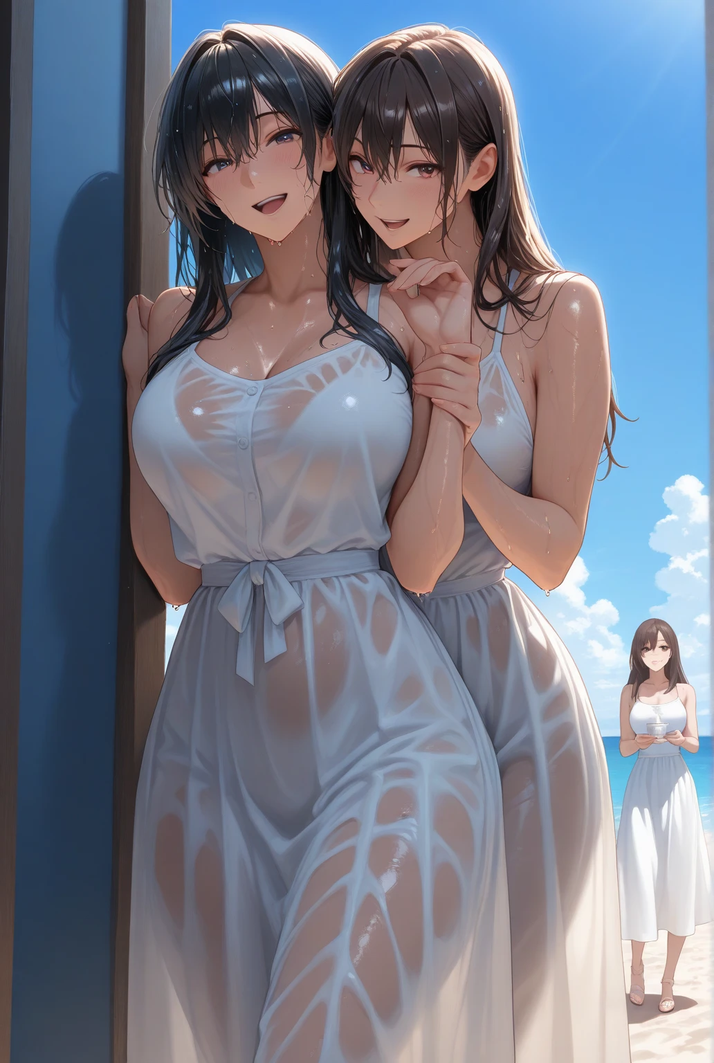 A plump round woman, short faded brown hair, lots of mascara, grey eyes, wearing a beautiful yellow summer dress, accentuated curves, plump round belly