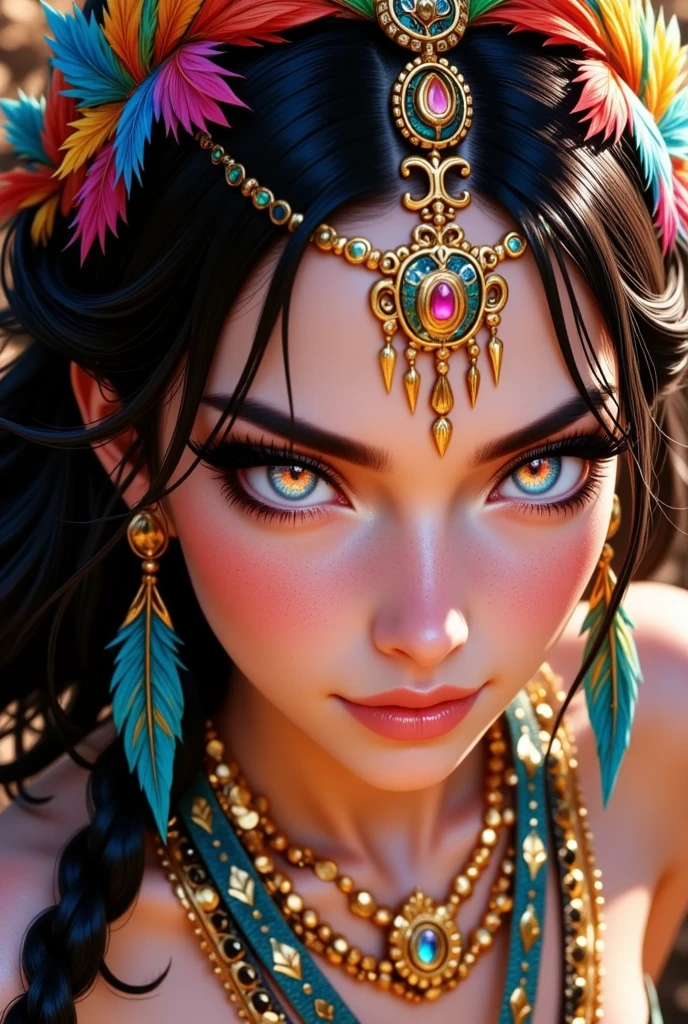 a beautiful woman alien villager, long bright color hair, sexy tribal outfit, intrigued by Flash Gordon, , detailed face, detailed eyes, detailed lips, 1girl, concept art, intricate details, cinematic lighting, dramatic colors, vibrant, colorful, fantasy, science fiction, hyperrealistic, photorealistic, 8k, best quality, masterpiece (show her from head to toe, full body shown)
