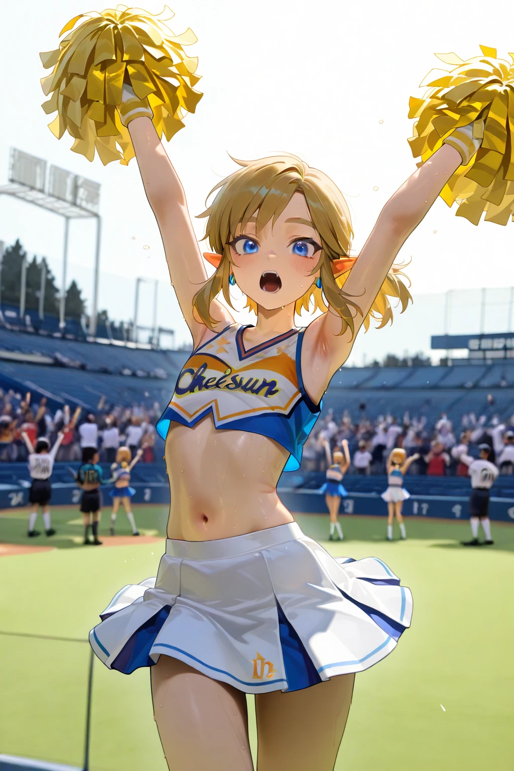 1boy, otoko no ko, cheerleader, Link, solo, shouting loudly, energetic expression, arms raised, cheering enthusiastically, focus on Link, summer, sweat, under the blazing sun,  outfield seats, stands, baseballfield, scenery, outdoors, audience, crowd, people, multiple boys, multiple girls, same cheerleader uniform, cheerleaders lined up behind on the stairs, background cheerleaders slightly blurred, vibrant, dynamic pose, looking at viewer, masterpiece, best quality, newest, absurdres, highres, very awa