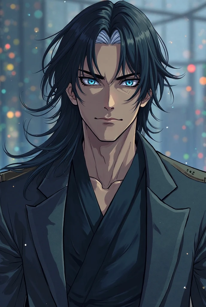Black dude, high,serious, body with little muscle, long black hair no beard and handsome, anime style
