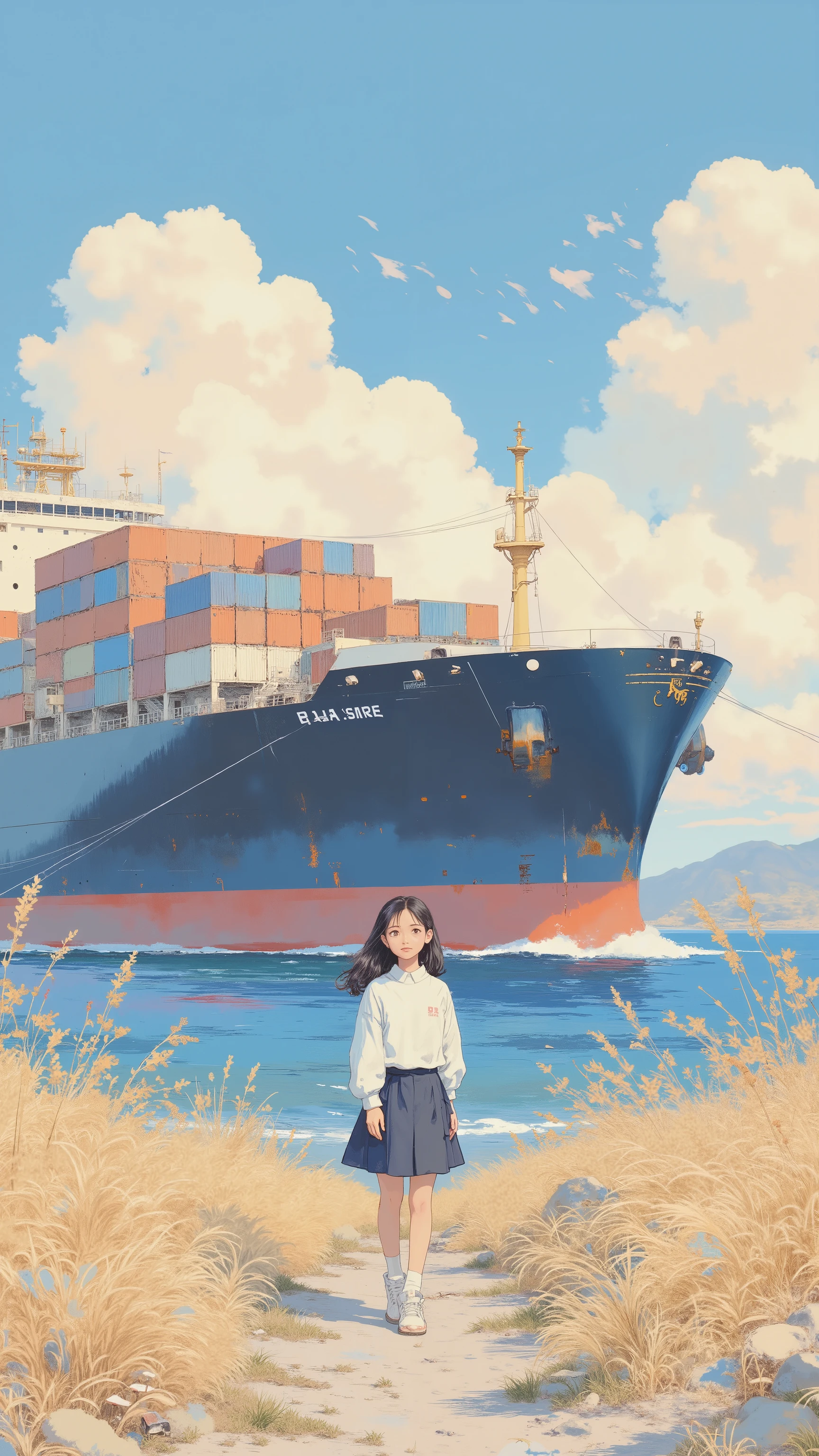 ベッドに横たわるanimeキャラクタ、Large cargo ship in the background, ❤🔥🍄🌪, 🪔 🎨;🌞🌄, , by Kentaro Miura, big!!!!!!!!!!!!, slice of life anime, happy!!!, anime style”, official art, an retro anime image, by Hiroshi Arakawa, anime!!!!, FLCL