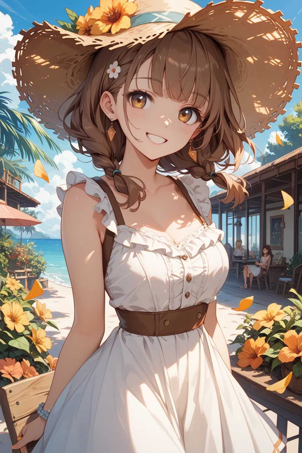 (small breasts:1.2), (perky chest:1.2), (pointed chest:1.2), (Pudding cake magazine cover:1.3),(from above:1.0),(from side:0.9),masterpiece, 1girl, Amazing Cleavage:1.1, thin waist, big ass, Raised sexy, posed cleavage:1.2,(perky chest:1.2), (pointed chest:1.2),(farmhouse entrance:1.0),(((brown Tunic:1.3))),(((lemons and stroberies in the basket),Cute and beautiful girl,Cute round face,Cute smile,Red Lip, looking at viewer, open mouth, have a cute glass of beergrass,black hair, dark green eyes, deep brown public party dress, bare shoulders,collarbone, sidelocks, hairband, earrings wih safia jewelry, outdoors, darck coller off shoulder sweater dress, plant, short hair with long locks, gild hairband, off-shoulder dress, sweater dress, off-shoulder sweater, black sweater, dark gord hair, big side hair, very long side hair,is rendered in (masterpiece: 1.2, best quality), with (ultra high resolution) and an exquisite (depth of field). ,(Bangs are see-through bangs),hair pin,hair adornments,detailed clothes features,Detailed hair features,detailed facial features,(Dynamic angles),(Dynamic and sexy poses),clothes that emphasize big breasts,Cinematic Light,(masutepiece,top-quality,Ultra-high resolution) ,(The 8k quality,Anatomically accurate facial structure,),(Sea Art 2 Mode:1.3),(Image Mode Ultra HD,)