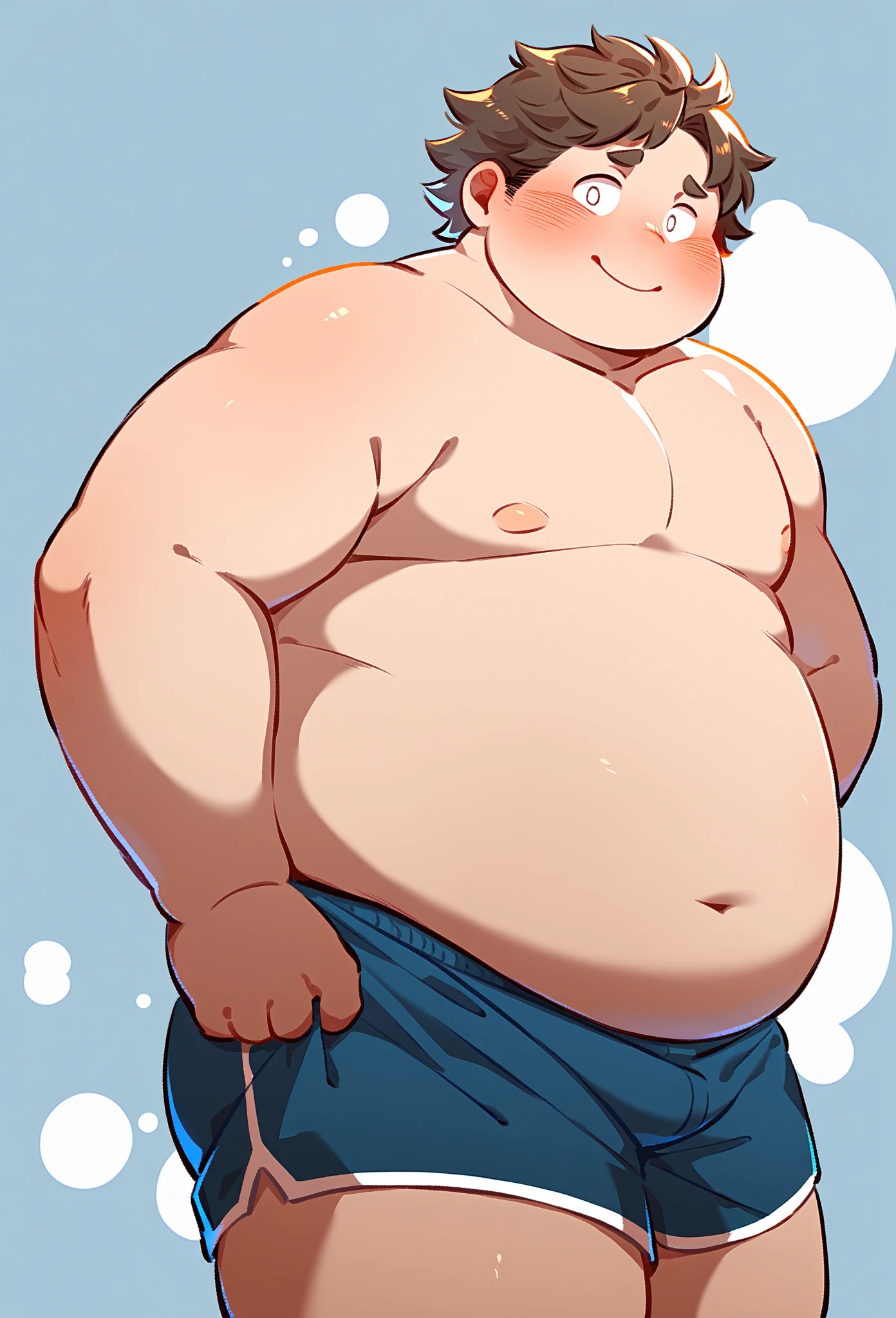 (androgynous), (boyish), chubby, (very short hair), (pudgy face), (thick), overweight, beefy, (cute), (little brat), (naughty brat), (belly button), Chubby body, Sweaty body, (Smelly body), (moobs), (ikemen), (Obese man like female breasts), (swimsuits), (sexly), (nipples),