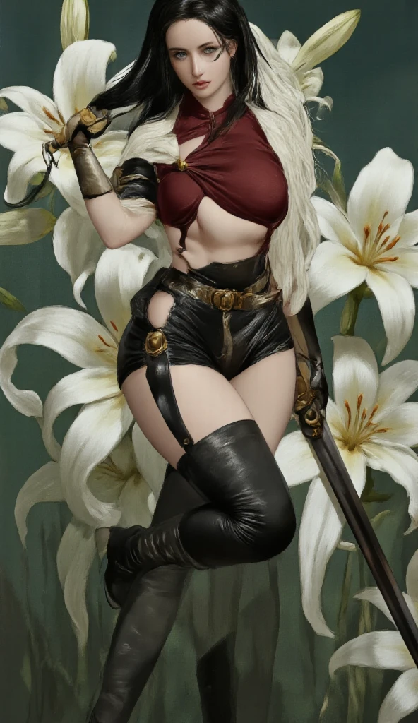 masterpiece, Best Quality, super rendering, super Realistic, High Detail Face, Clean and delicate face, whole body, Crouch and swing a long sword, grip the sword anatomically correctly, Single Braided blonde pony tail, parted bangs, forehead, wearing a camisole and pleated mini skirt, white high cut underwear, Sleeveless, black pantyhose, white short boots, glaring at the viewer, simple color background