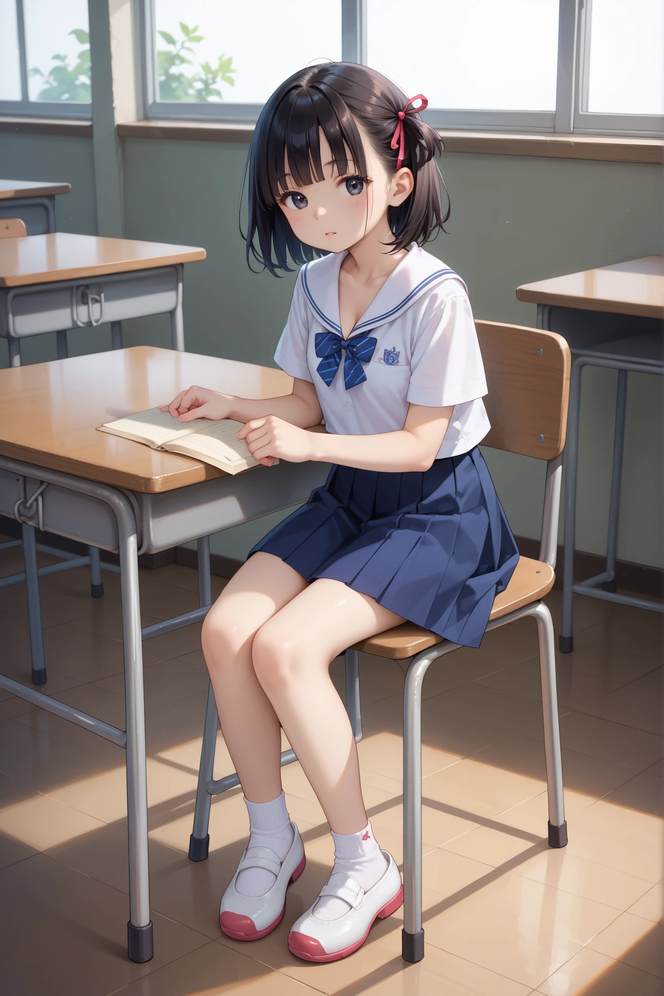 score_9, score_8_up, score_7_up, source_anime, masterpiece, highest quality, young girl, black eye, black hair, short sleeve, cleavage, school ribbon, middle-sized breasts, white socks, white shoes, in classroom, wind blows, sitting on chair, full body