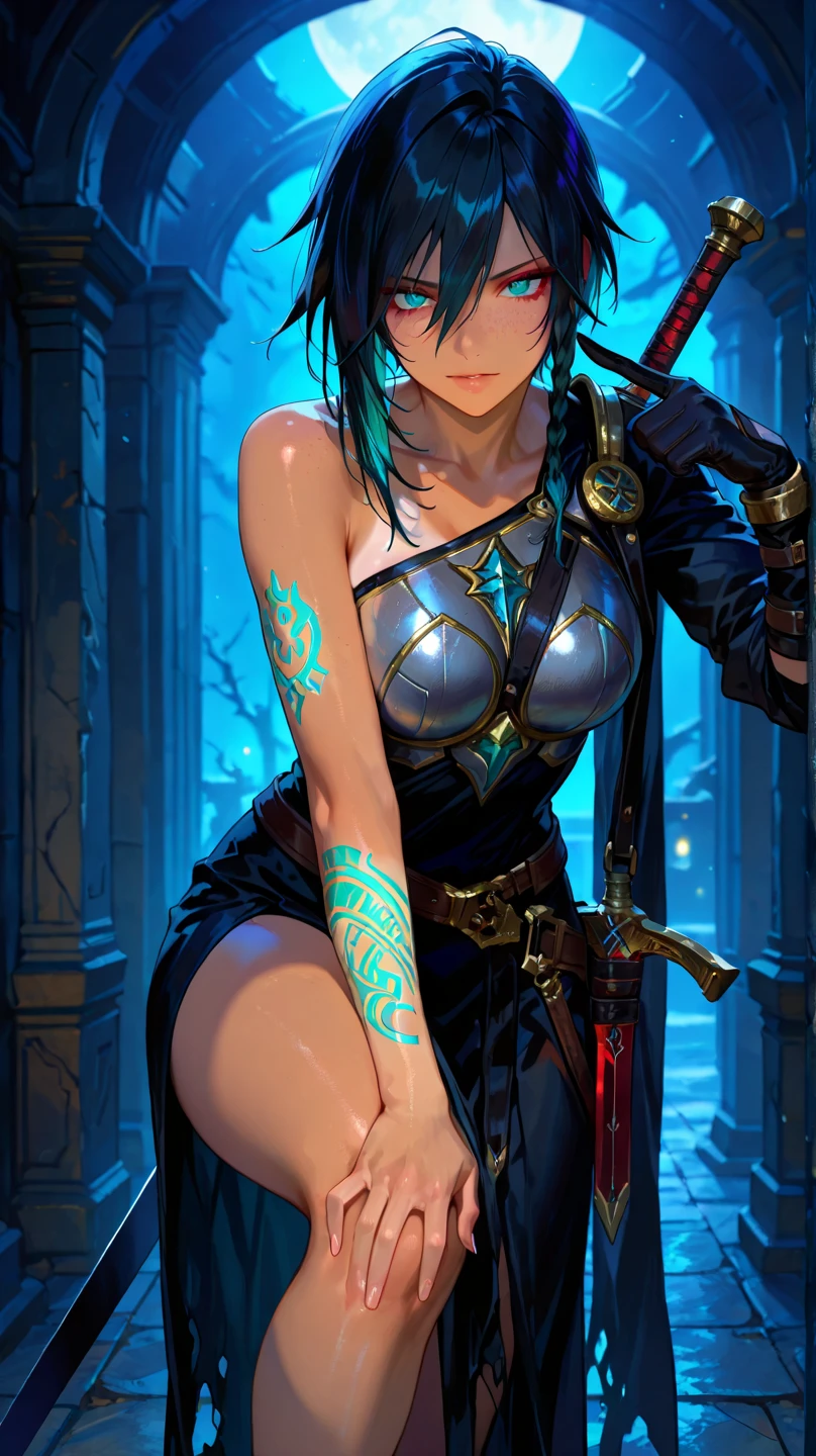 highres, masterpiece, perfect lighting, night, dark, bloom, cinematic lighting, adult, female, looking at viewer, (RSEEmma:1.5),<lora:RSERomantic_RSESofiko_RSEEmma-v1:0.3>, <lora:ShadowHeart:0.8> shadowheart, black hair, braided ponytail, green eyes, circlet, <lora:undressing_panties_v0.1:1> undressing, panty pull, leaning forward, pubic hair,