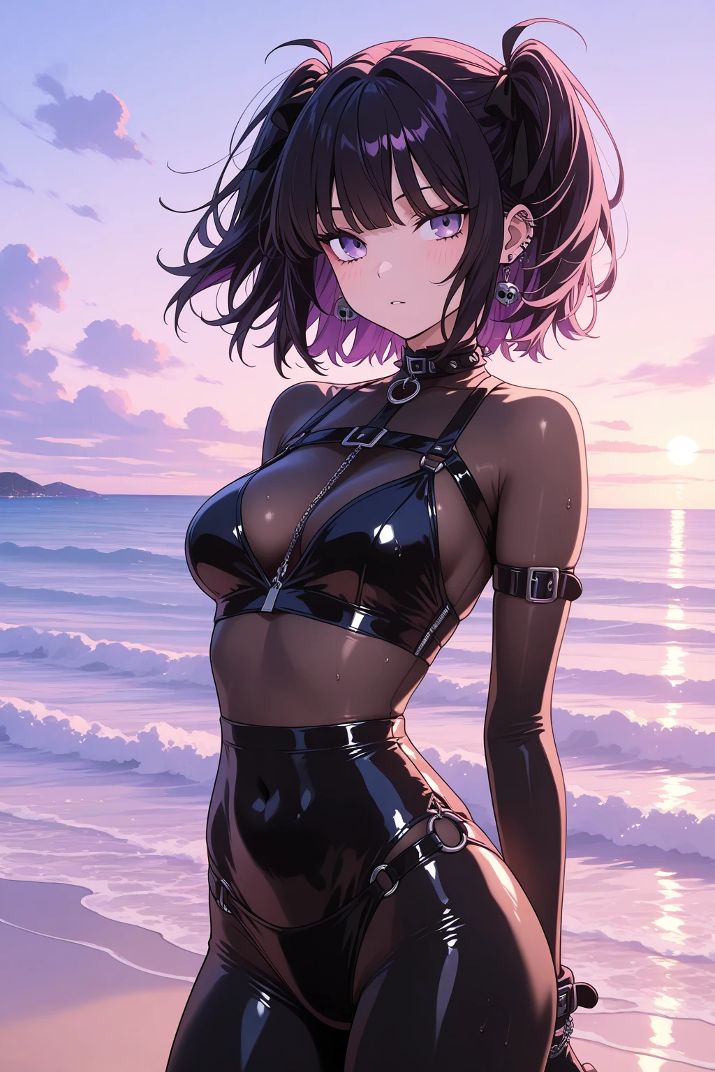 portrait, 1 girl, beautiful face, asymmetrical hair, multi-colored hair, belt, partial unzipped black halter swimsuit and showing clevage, navel, grey eyes, hip vent, cute, look at viewer, night city beach, neon,
