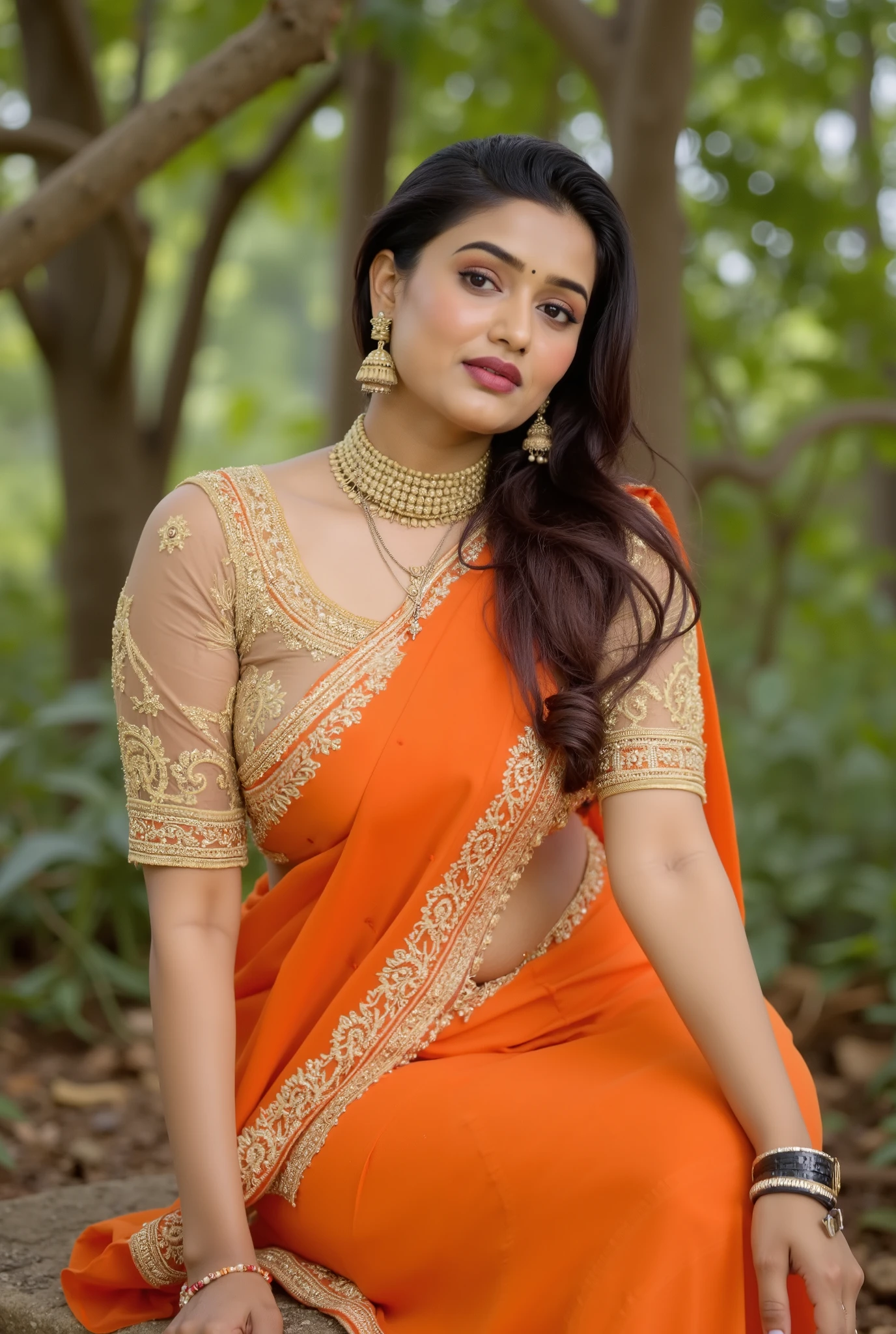 "A graceful Indian woman seated outdoors amidst lush greenery, wearing a traditional orange saree with intricate golden embroidery. The blouse is sheer with golden floral thread work, featuring three-quarter sleeves. She accessorizes with a heavy gold choker necklace, traditional jhumka earrings, bangles, and rings. Her hair is side-parted and styled in soft waves cascading over her shoulder. She has a small black bindi and subtle makeup with soft pink lips. Her expression is calm and poised. The natural forest background includes branches and leaves, with soft, diffused daylight filtering through. Ultra-realistic, elegant traditional style portrait, natural lighting, earthy tones.