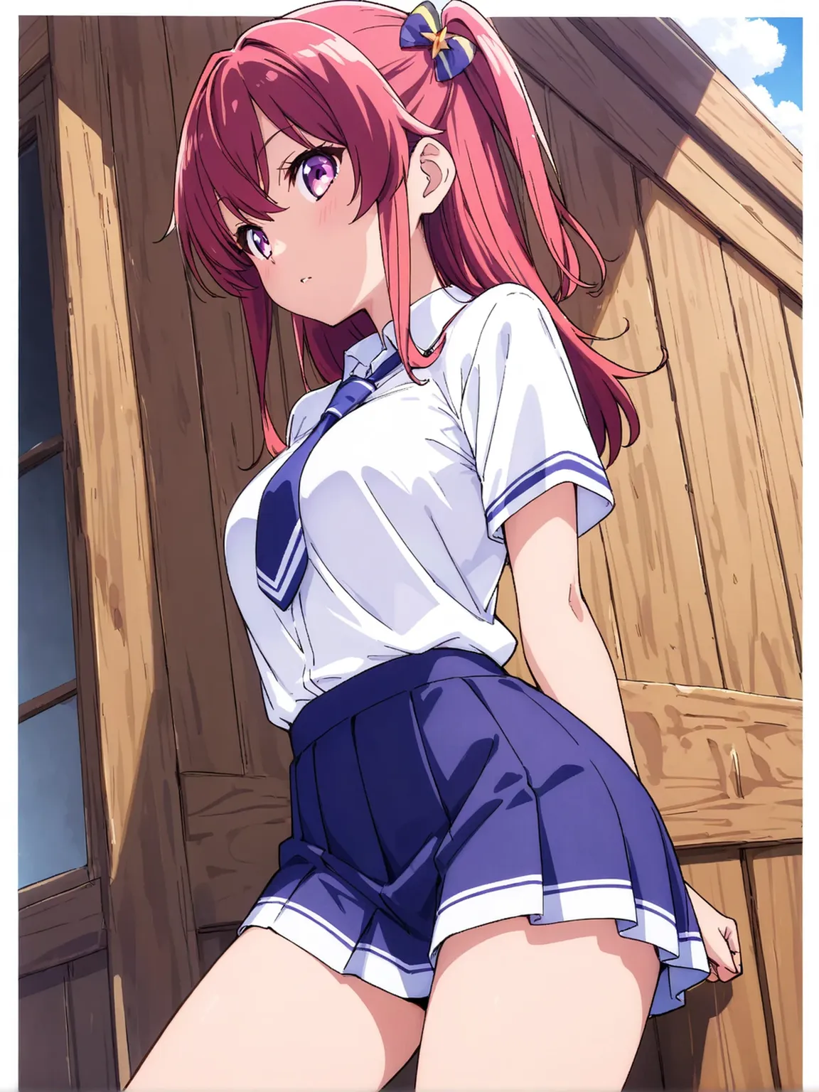 ((highest quality)), ((masterpiece)), (detailed), (Character Focus、breast focus,whole body), Anime 2D Rendering, Realistic young anime woman, Five Fingers, Perfect Face, Beautiful fine details, Beautiful body, Beautiful breasts, Beautiful thighs, (Smaller breasts)、Beautiful feet, (White beautiful skin), Baby Face、 16-year-old girl、One Girl, Redhead、(ponytail、Black Ribbon), ((Collared short-sleeved shirt, White shirt, Blue plaid pleated skirt, Blue tie))、(Black Pantyhose、loafers), Wicked Smile、((Grin))、garden、She turns her face and body towards the viewer,A pretty face and a charming smile,Are standing、