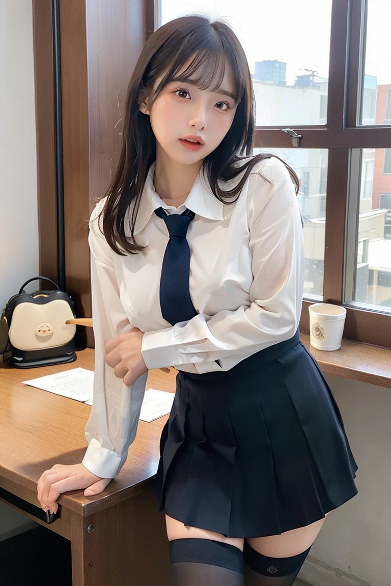 top-quality,ultra-detailliert,​masterpiece,realisitic,Photo Real,Bright lighting,1 girl in, an extremely beautiful 17-year-old girl, (kawaii:1.2),Thin smile, (Brown eyes),(brown haired),(bangss),perfect glossy skin,flawless skin,((erotick,Sexy and sexually explicit)),((accurate hands without incongruity)), large full breasts,big breasts thin waist, Look at viewers,((a sailor suit)),((Short sleeve uniform white shirt)),(red necktie),(Blue Mini Pleated Skirt),(((skirt lift by yourself))),(lifted by self),(Showing panties),panties on,panties focus,((Sit up,spread legswide)), sockes, (Black knee socks),(Loafer shoes), during daytime,On the train,Horizontal long seat with your back to the window