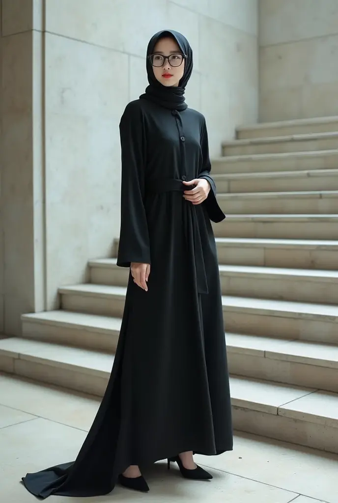 A young woman stands outdoors, wearing a black abaya and niqab. She holds a small white purse and is positioned in front of a modern building with large windows. The abaya features intricate lace detailing on the sleeves, adding an elegant touch to her modest attire. Sunlight softly illuminates her, highlighting the texture of her outfit and casting gentle shadows around her.