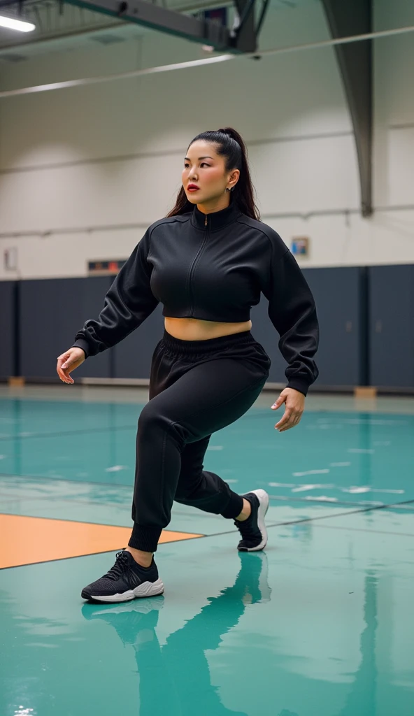 masterpiece, highest quality, 8K, Young beautiful girl, (medium breasts), Turning a large buttocks towards [someone],blue track suit, (((thick thighs))), black short cut, Cute face, looking away,  cute smile face、No makeup, Ten generations, Detailed face, Background bokeh、((18 years old))、full body, school, dancing in wooden floor gym room, Low Key Lighting