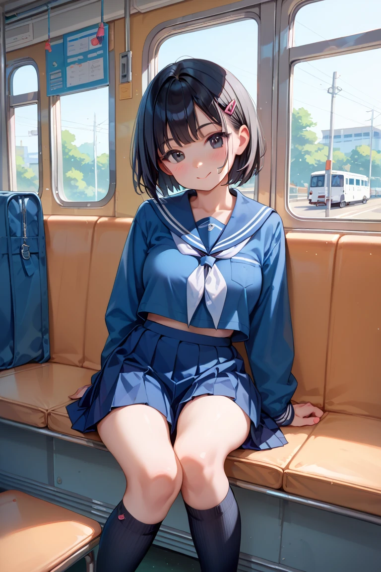 BREAK Perfect Anatomy、(High resolution:1.2)、Incredible illustrations、(Cute illustrations:1.2)、
(Beautiful background(on the train))
1little girl(multicolored hair,short hair)
1girl((a girl, 1.5meters, 35kg,18 years old female, ((serafuku,border shorts
,thigh-high socks, sneakers),tilting head,light smile