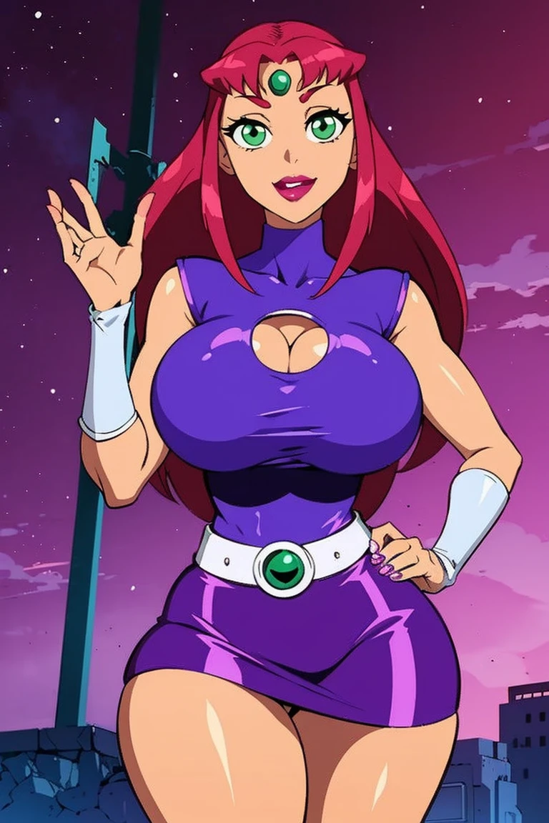 Teen titans, Starfire, anime, masterpiece, 1girl, ((?????))), smile face, green eyes, long red hair, puffy lips, painted lips, thick lips, wide hips, thick thigh, big breast, huge ass, shiny skin, purple skirt, purple top, posing Preparing