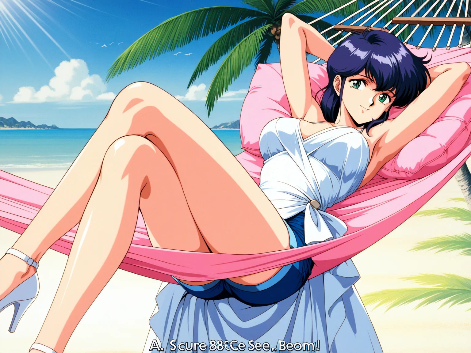Madoka Ayukawa, 14 years old, bangs, 1girl, masterpiece, highest quality, disorganized, retro artstyle, 1980s \(style\)))), look viewer, (((full nude))), full blush, (((no Panties))),, Take a look here, (((nsfw))), view audience, nsfw, Genitals are visible,1girl, (((See here))), nsfw, (Japanese girl showing off genitals:1.1), look viewer, (((lie on the beach, knee standing,))), cameltoe,