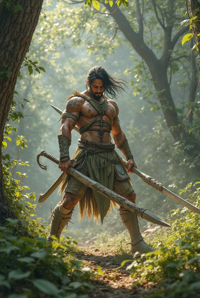 (photorealism:1.2), aztec Warrior un a field of plants and flowers in background, With traditional Aztec weapons. realistic, intricate details, warm colors.