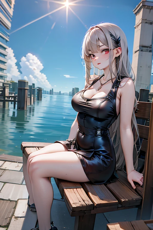 tmasterpiece， Best quality at best， Kizi， Grapefruit eyes， Gray-gold， long whitr hair， Unstable_face， Glossy glossy skin， a flat chest， nice leg line：1.3， thick thight， big breasts thin waist， ， Red_polka_dot_wrap_dress， white_platform_espadrilles， woven_tote_bag， straw_hat， gold_hoop_earrings， view over city， looki at viewer，from the above：1.2，dynamic angle，White sleeveless turtleneck sweater:1.2)