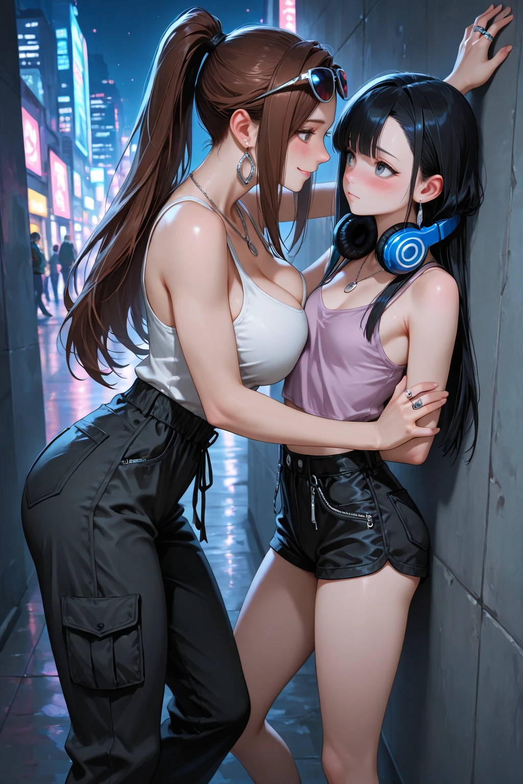masterpiece, nsfw, best quality, photorealistic, outdoors, beautiful lighting, cinematic lighting, wall, simple background
AND yae miko, pink hair, pink eyes, teasing, smug, smirk, head tilted, knee up, looking at viewer, glossy skin, pose, contrapposto, (shirtlift, shirt lift, large breasts, breasts out, perky nipples:1.2), jeans, pants, long pants, denim, navel, midriff, smirk, nose blush, smug, necklace, nsfw, (sneakers:1.2)
AND raiden shogun, purple hair, purple eyes, serious, blush, looking at viewer, single braid, shirt, long hair, crossed legs, glossy skin, pose, squatting, breast squeeze, large breasts, perky nipples, jeans, pants, long pants, denim, (topless:1.3). collarbone, nose blush, nervous smile, necklace, nsfw, (sneakers:1.2),