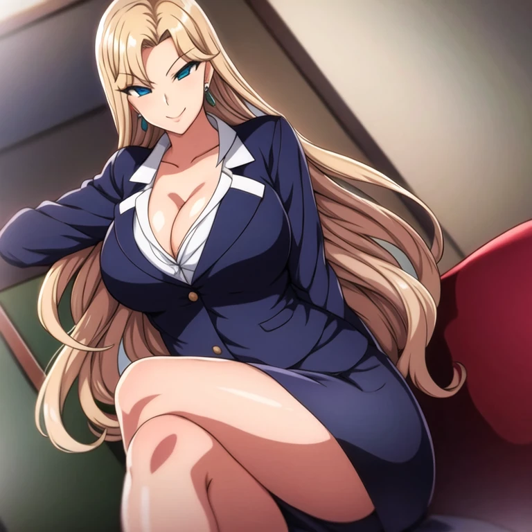 (masterpiece, best quality:1.2), ((Extremely detailed)), high resolution, Anime style , photo, photography, Detailed background,1. Beautiful woman Lei Dianming, (Pantyhose), boots,Cowboy shooting, Looking at the audience,A faint smile, earrings, skirt, Necklace, Vest, Cross your legs, From below, On the sofa, Windows, living room,Anime style，blond