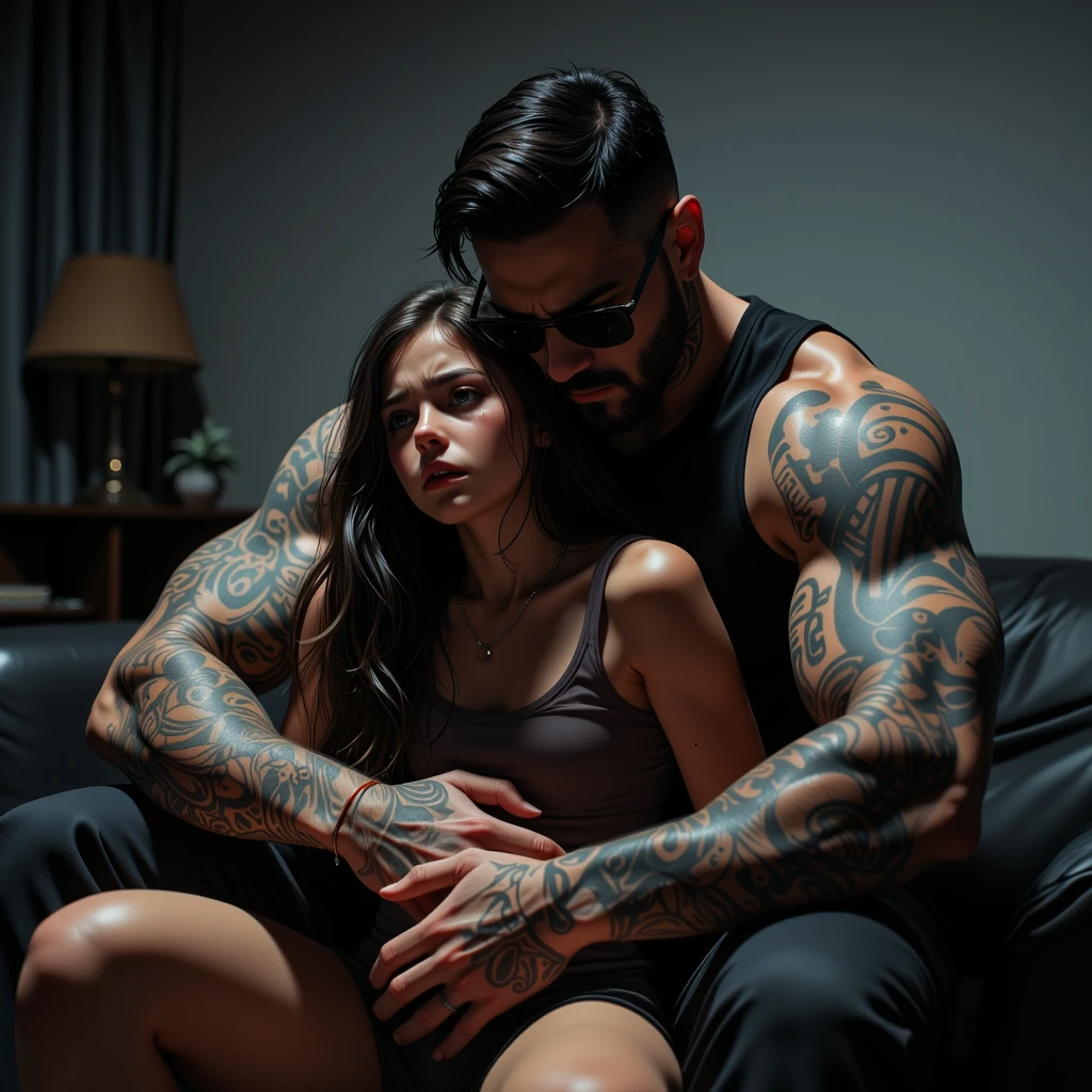 creating dynamic poses and long angle shots, a man sitting relaxed in an armchair in a dark room at night with his eyes closed holding a cigarette, Can Yaman, 20 year, long brown hair with bun, strong square chin, defined chin, thin moustache, strong muscular physique, he is taking off his shirt, wearing a black dress shirt, black dress pants with belt, tattooed arm and hand, expensive watch on wrist. in front of her crouched with her back turned without showing her face is a woman sucking his penis, her face then between her legs, she is between his legs, with her hands on his thighs, She's wearing white lingerie, he is holding her hair.