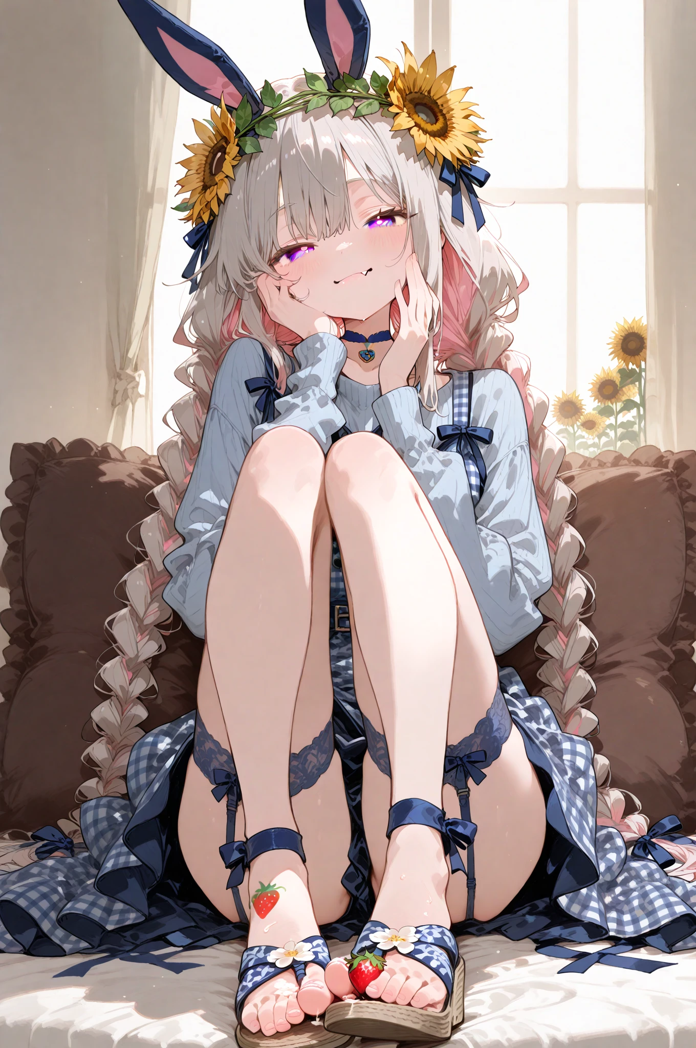 best quality, masterpiece, Girl, fair skin, 8 years old, wide hips, sky blue eyes, curly hair, caramel blonde, bangs, horse handle, pink hair bow, round glasses, smiling, large incisor teeth, rosy cheeks, stuffy nose, black rock blouse, no pants, neon pink all-star shoes, sitting cross-legged, in a square, in the late afternoon