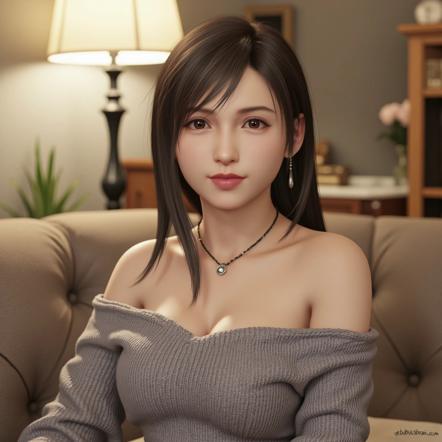 1girl, (best quality,4k,8k,highres,masterpiece:1.2),ultra-detailed,(realistic,photorealistic,photo-realistic:1.37), detailed eyes, detailed nose, detailed lips, sexy, top-down perspective, low-cut fluffy knitted white dress, elegant, detailed texture, warm fabric, under lighting, tamaki