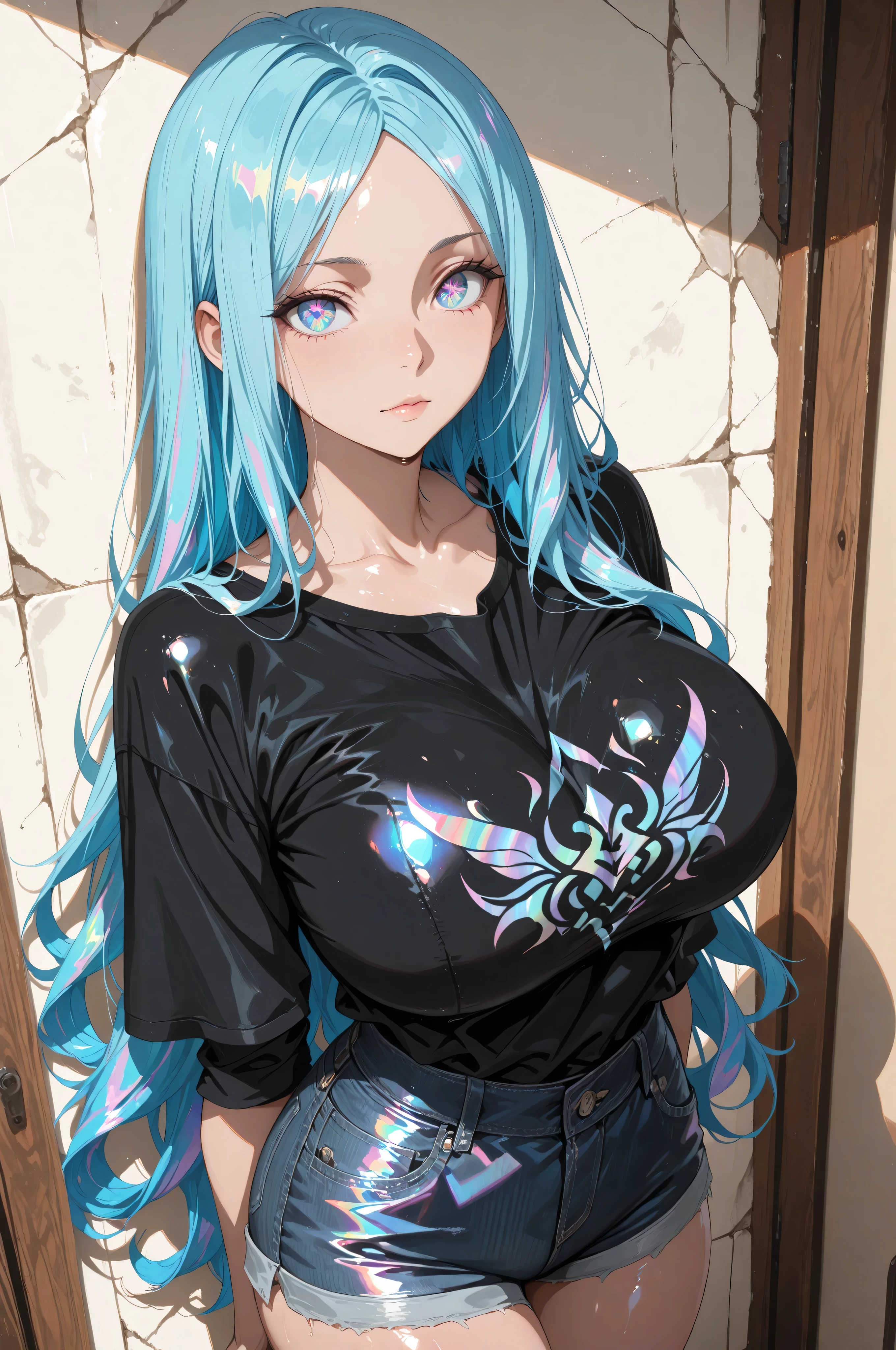 GrayshlinVTXL, glasses, round eyewear, aqua eyes, multicolored eyes, aqua hair, multicolored hair, gradiant hair, long hair, bangs, sidelocks, braid, cone hair bun, star hair ornament, pointy ears, horns, large breasts, choker, cleavage cutout, heart cutout, purple crop top, navel, belt, chain, black shorts, black thighhighs, thigh strap, black boots, (solo), standing, looking at viewer, indoors