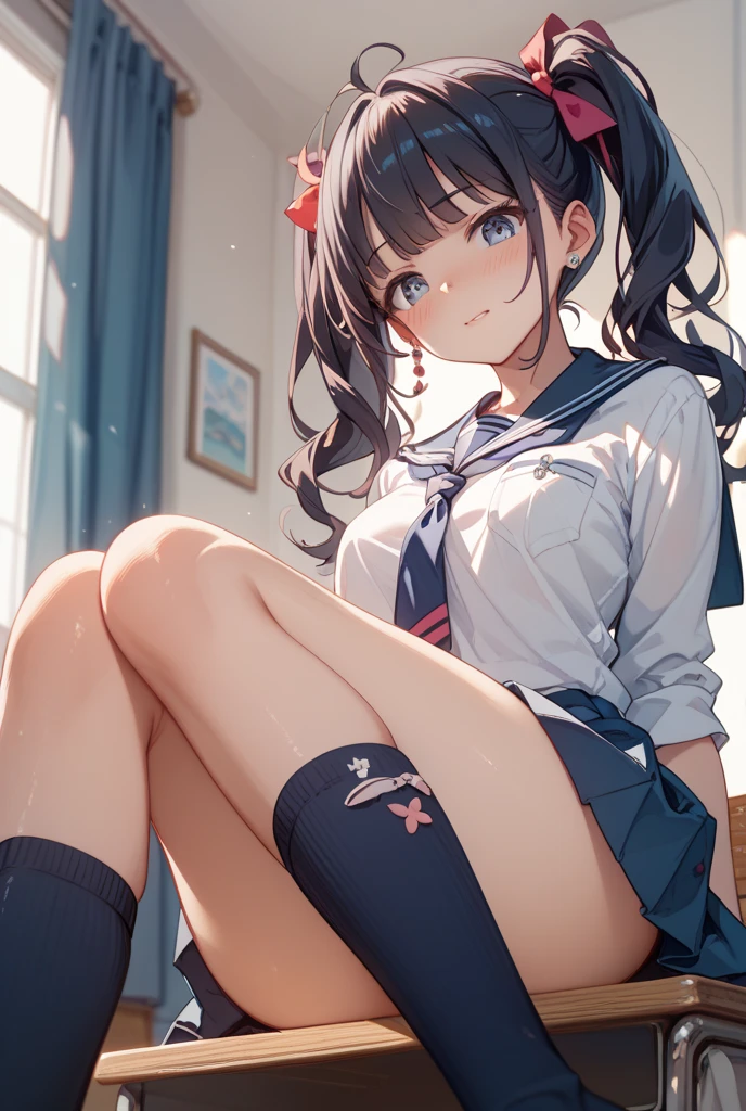 Young girl with black hair, long twintail, twintail hairstyle, (blue eyes),, ((small bushy eyebrows)), wearing gothic lolita clothing, lolicon , walking to school, flirty smile, (sitting with legs open lifting her skirt to show her vagina wet with semen),