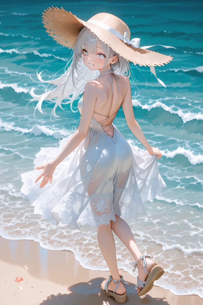 index, index, (green eyes:1.5), silver hair, long hair, (flat chest:1.2),straw hat,白色ロングskirt一体型ワンピース,barefoot,skirt,naked neck,bare clavicle,bare shoulders,bare arms,happy smile, smile, open your mouth,beachのsandy beachを散歩しながら、Silver hair fluttering in the breeze, sunset,evening,The sun is setting,
break looking at viewer, Upper body, whole body,(cowboy shot:1. 5)
break indoors, beach,sandy beach,
break (masterpiece:1.2), highest quality, High resolution, unity 8k wallpaper, (figure:0.8), (detailed and beautiful eyes:1.6), highly detailed face, perfect lighting, Very detailed CG, (perfect hands, perfect anatomy),