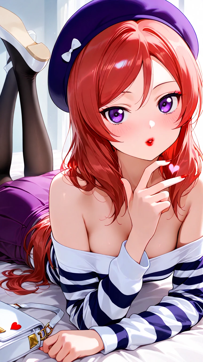 Lying on a sofa in a blue bikini with little fabric, red hair, cute 20-something woman, large breasts, hands on lips, wearing a penguin hoodie,full body, (embarrassed,blush:1.3), beautiful photo