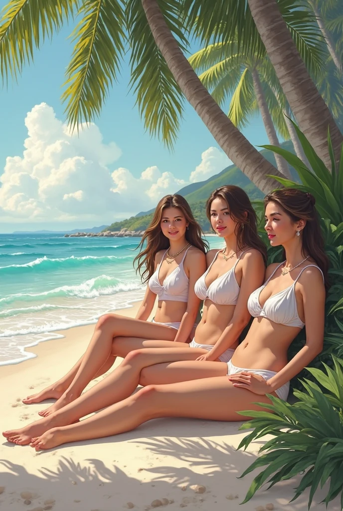 //quality, Realistic photograph, (best quality:1.5), (hyper-realistic:1.2), (high resolution:1.5), (upper body shot:1.2), (Head-to-Thighs Photographs:1.6), (RAW photo:1.4), 4k precision image, detailed textures, sharp focus,ultra-detailed, //character, (3 beautiful girls:1.6), (Huge sagging boobs:1.6), 1girl(blond hair, very short hair, blue eyes, tool170cm, Great abs, trained arms, J cup, black_Bikini:1.6), 2girl(brown hair, long and pony tail hair, brown eyes, tool160cm, Great abs, trained arms, J cup, White_Bikini:1.6), 3girl(silver hair, ponytail hair, blue eyes, tool170cm, Great abs, trained arms, J cup, blue_Bikini:1.6),//facial expression, (open mouths:1.4), (smily:1.6), //fashion, (T-shirt:1.6), (cleavage:1.4), (strings panty:1.5), //pose, (Downblouse:1.6), ((T-shirt lift:1.6)), (look at vew:1.3), (The four are pleased:1.4), (leaning forward:1.4),talking happily, (They both show cleavage:1.4), //background, (Waikiki Beach, Hawaii:1.4), leaning forward, multiple girls, group picture, lineup, harem, 3girls, leaning forward,