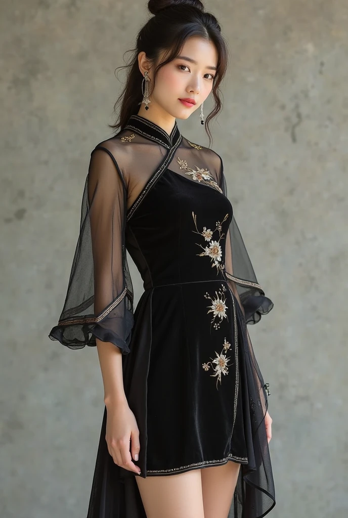 a woman in a black dress and a hat holding a wicker bag, ao dai, in style of lam manh, wearing black old dress and hat, wearing black dress and hat, vietnamese woman, traditional, cheongsam, mai anh tran, traditional tai costume, black, dao trong le, front side, profile image, neckline, asian woman