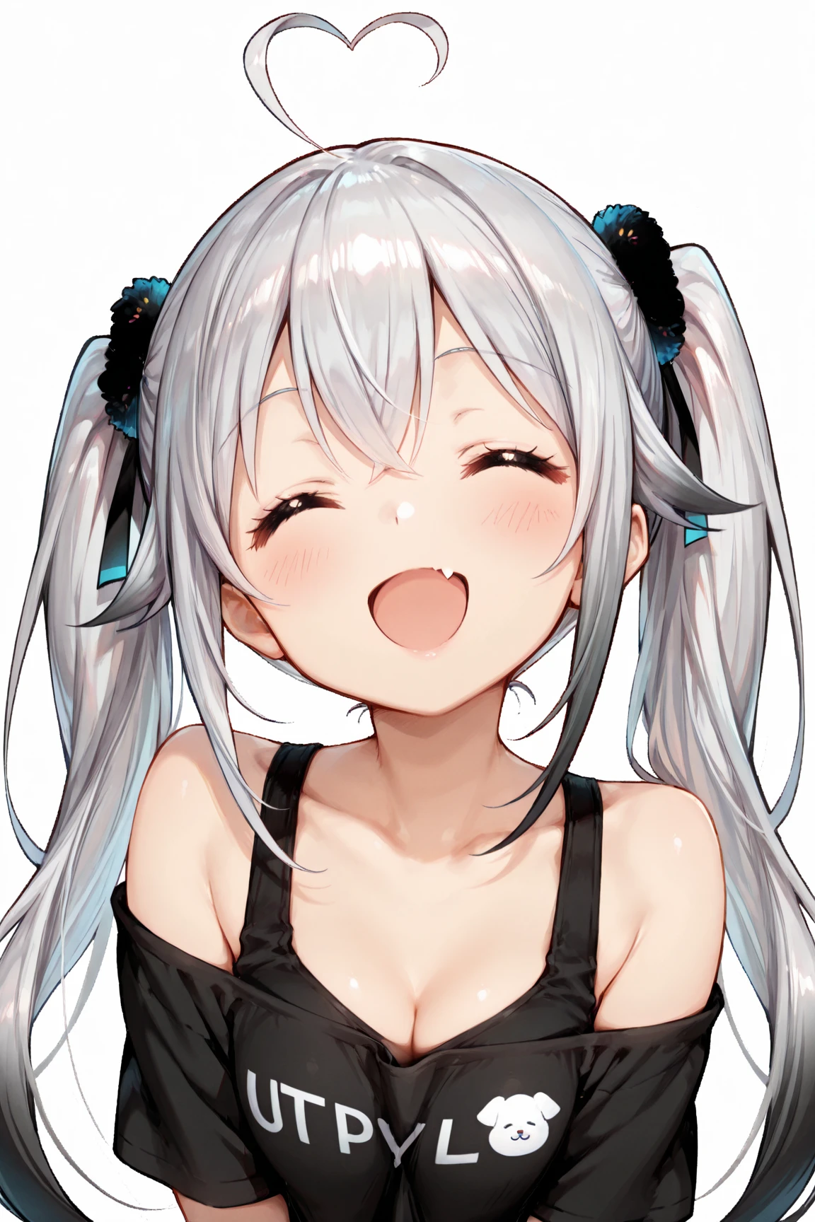 1 Girl, White Baggy Shirt, Black Short Skirt, Black Nylon Thigh High Stockings, Medium Breasts, Blue Eyes, Platinum White Hair, Twin Tail Hair Style, Pale White Skin, Smooth Skin, Face Freckles, Nice Cleavage, Slutty, Sexy, Sassy, Smirking, Tease, Teasing, Close Up, Upper Body Shot, Giving Peace Signs With Hands Near Face, Head Tilted to the Side, Tongue Out, Drooling, Lewd Face, Blushing Hard, Kneeling, 
