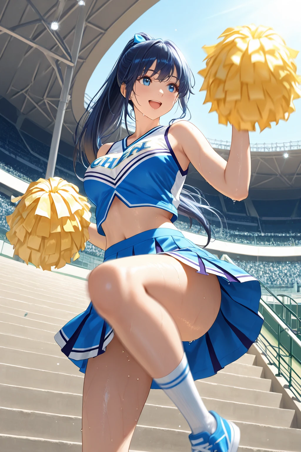 Highest quality, Super quality, 16K, Incredibly absurd, Very detailed, 2.5D, delicate and dynamic, baseball Ground, stand, Colorful Stage, Tiny faint lights and flying confetti, night, Starry Sky, firework, Electronic bulletin board, , , Small face, Extremely delicate facial expression, Delicate eye depiction, Upper body close-up, erotic, sole sexy lady, healthy shaped body, 22 years old lady, Cheerleader, 170cm tall, huge firm bouncing busts, 色鮮やかなCheerleaderのコスチューム, A complex costume, Fox-eared headband, Fox tail on the ass, long socks, sports shoes, support, cheer leading, Fox Dance, Raise your right leg